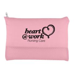 pink cosmetic bag with top zippered compartment, mesh base, and an imprint on the front saying heart @ work nursing care