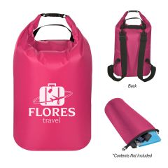 pink large dry backpack with adjustable straps, clip, and an imprint on the front saying flores travel