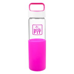 glass bottle with pink silicone sleeve, white and pink screwable lid, and an imprint saying bene fit