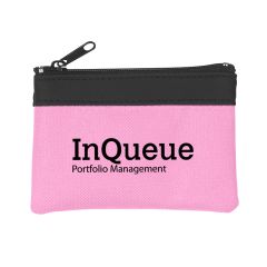 pink non-woven with a top zippered compartment and an imprint saying in queue portfolio management