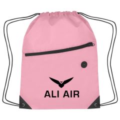 pink drawstring bag with main zippered compartment, built-in earbud slot, and an imprint saying ali air
