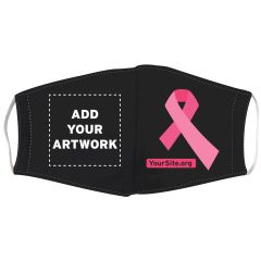 black creased mask with white elastic straps and an imprint on the front of the mask of a pink ribbon, yoursite.org text below it, and add your artwork text on the left side of the mask