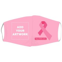 pink mask with white elastic straps and an imprint on the right of a pink ribbon, yoursite.org text below, and add your artwork text on the left on the mask