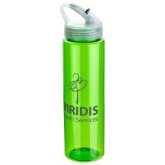 green plastic bottle with green lid and an imprint saying Viridis Health Services