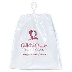 white plastic bag with cord string and an imprint saying GalichiaHeart Hospital "Caring for the Heart of America"
