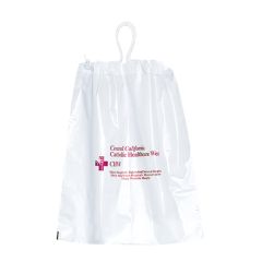 white drawstring handout bag with an imprint saying central California Catholic Healthcare West
