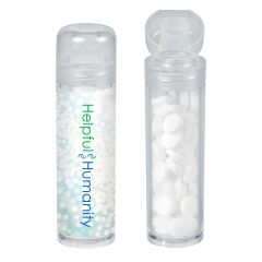 White cylinder container filled with mints and an imprint on the front saying helpful humanity 