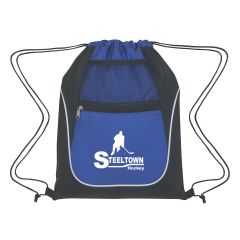 black and blue drawstring bag with mesh pocket, front zippered pocket, and an imprint saying steeltown hockey