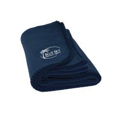 navy fleece blanket with an embroidered design saying Blue Sky Insurance Agency