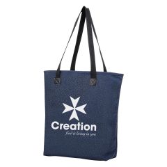 navy tote bags with black handles with an imprint saying Creation find it living in you