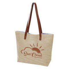 beige tote bag with leatherette handles and an imprint saying Sun Cloud Marketing