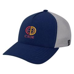 navy and gray trucker hat with embroidered stitching saying cede