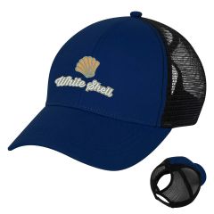 blue trucker hat with a black mesh back and an additional cutout for high ponytail or messy bun and an embroidery saying white shell