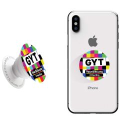 a white iPhone with a popsocket and an imprint of multi-colored squares as a background and gyt text in the middle and yoursite.org and @yourorg text below