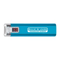 blue and silver powerbank with a display and an imprint saying bulie & jarr technology science