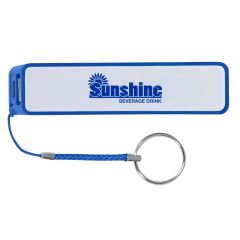 blue rectangle power bank with a matching spilt ring attachment and an imprint saying sunshine beverage drink