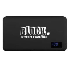 black power bank with a digital display and an imprint saying block internet protection