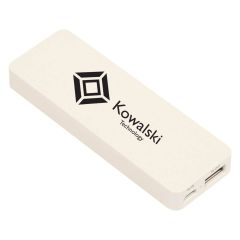 white power bank with a micro usb input, usb output, and an imprint saying kowalski technology