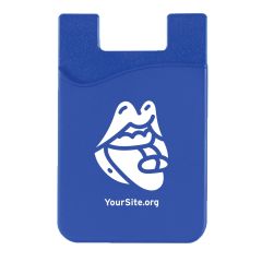 blue cell phone wallet with an imprint of a mouth taking a pill with text saying yoursite.org below