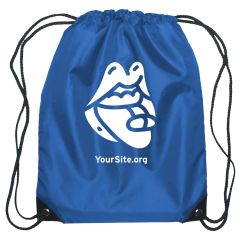 blue drawstring bag with prep mouth logo on it with text below saying yoursite.org text below