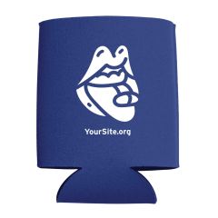 blue koozie with a mouth taking a pill and yoursite.org text below