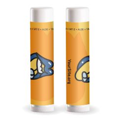 white lip balm with an imprint of a yellow background and the prep mouth logo with yoursite.org text