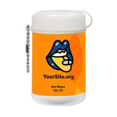 White wet wipe canister with an imprint of a yellow background and a mouth taking a pill with yoursite.org text below