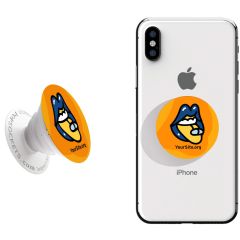 white iPhone with a popsocket attached to it with an imprint of a prep mouth taking a pill and yoursite.org text below it