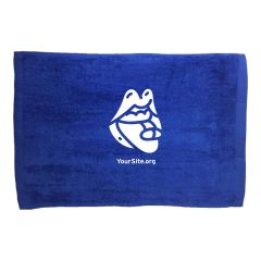 blue rally towel with an imprint of a prep pill mouth and yoursite.org text below it