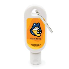 white sunscreen bottle with an imprint of a yellow background an a mouth taking a pill and yoursite.org text below it