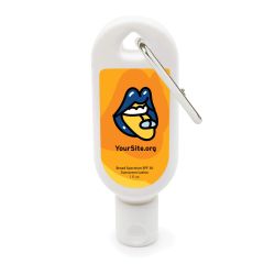 white sunscreen bottle with silver carabiner and an imprint of a yellow background with a mouth taking a pill and text below saying yoursite.org