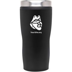 mate black tumbler with silver screwable lid and an imprint with a mouth eating a pill and yoursite.org text below