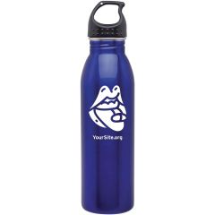 blue stainless steel bottle with black screwable cap and an imprint of a mouth taking a pill with yoursite.org text below