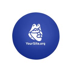 blue stress ball with an imprint of a mouth taking a pill and text below saying yoursite.org