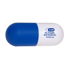 Blue and white pill stress reliever with an imprint of the prep logo and text under saying for tonight. and tomorrow. and yoursite.org below it