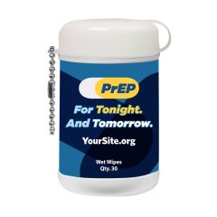 mini wet wipe canister with bead keychain attachment and an imprint of a blue background and the prep logo and text below saying for tonight. and tomorrow. with yoursite.org text below