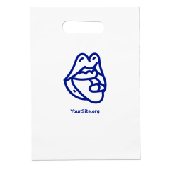 white plastic handout bag with an imprint of a mouth taking a pill with text saying yoursite.org below