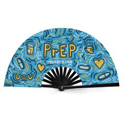 custom snap fan with an imprint of squiggly lines in white, yellow, and black with images of a condom, pills, hearts, pill box, and u=u with text in large letters saying prep and yoursite.org text below