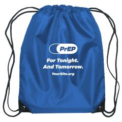 blue drawstring bag with an imprint of the prep logo and text below saying for tonight. and tomorrow. followed by yoursite.org