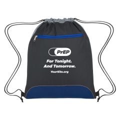 black drawstring bag with a blue base and zipper compartment and an imprint in the middle of the prep logo with text below saying for tonight. and tomorrow. with yoursite.org text below