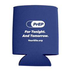 blue can cooler with an imprint of the prep logo and text below saying for tonight. and tomorrow and yoursite.org text below it
