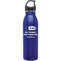 blue stainless water bottle with black screwable cap and an imprint of the prep pill logo and text below saying for tonight. and tomorrow. with yoursite.org text below