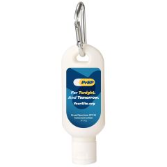 white sunscreen bottle with silver carabiner and an imprint of the prep logo and text below saying for tonight. and tomorrow. followed by yoursite.org text below