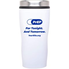 White stainless steel tumbler with silver lid and an imprint of the prep logo and text below saying for tonight. and tomorrow. and yoursite.org text below it