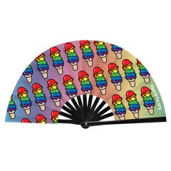 custom snap fan with rainbow colored ice cream cones in a pattern and a text saying yoursite.org at the bottom right