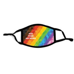 a black adjustable mask with an imprint of stripes in a rainbow painted pattern and text at the middle left saying add your artwork