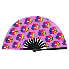 custom snap fan with rainbow lips in a pattern in front of a purple background