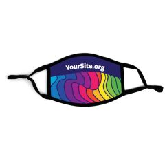 a black adjustable mask with an imprint of a wave in rainbow colors with text above saying yoursite.org