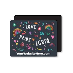 a black magnet with rainbow colors and text saying love is love with yoursite.org text below