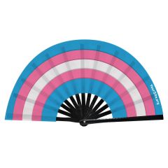 custom snap fan with stripes of blue, pink, and white with text on the right side saying yoursite.org